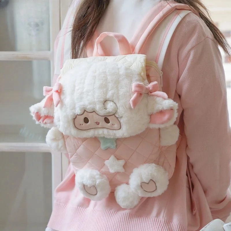 กระเป๋าเป้ JIAERDI ลายแกะน่ารัก สไตล์การ์ตูน ขนปุย จุของได้เยอะ เหมาะสำหรับนักเรียน ผู้หญิง สไตล์โลลิต้า พร้อมโบว์ ใช้ได้ทุกวัน