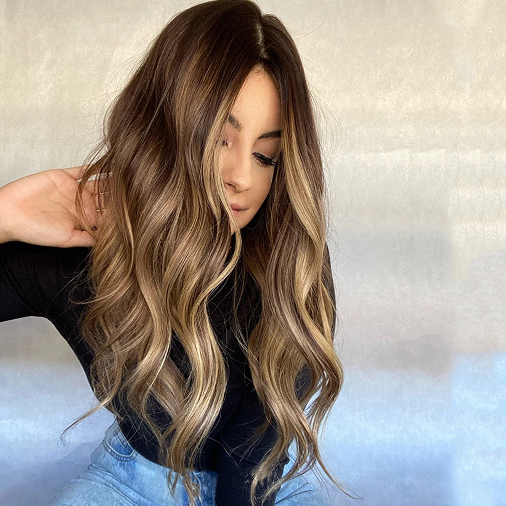 Caramel Blonde Balayage Long Wavy Middle Part Wig Lace Frontal Human Hair Blend Wigs Natural Looking Hair for Women Daily Use