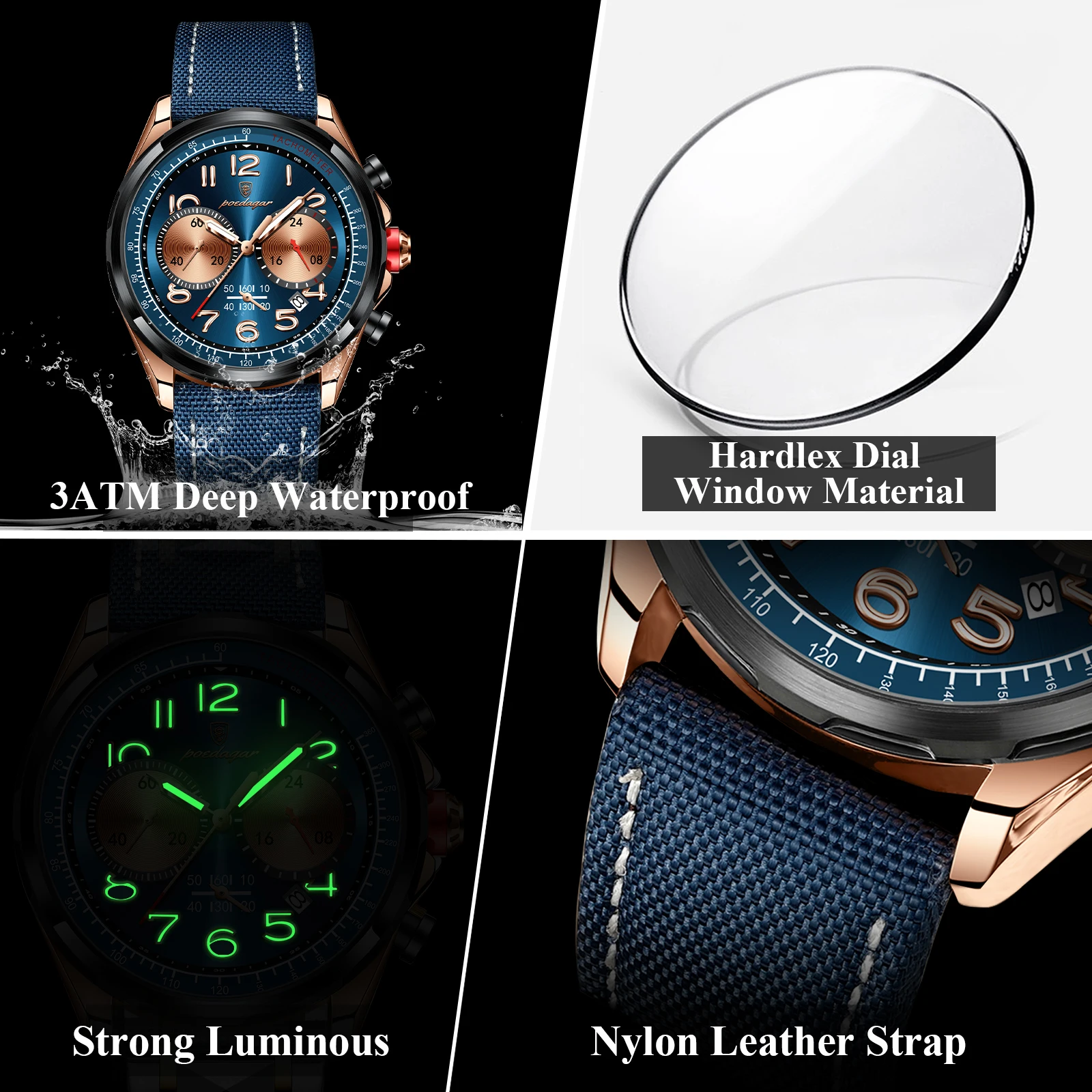 POEDAGAR-Reloj de pulsera de cuarzo para hombre, cronógrafo luminoso, resistente al agua, con correa de cuero y nailon, de lujo, con caja