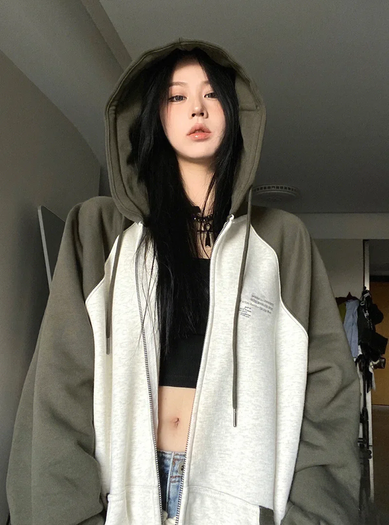 Casual Color Block Sweatshirt Women Zip Up Hoodies Cardigan Long Sleeve Loose Hooded Sweatshirts Y2k Letter Print Streetwear 후드티