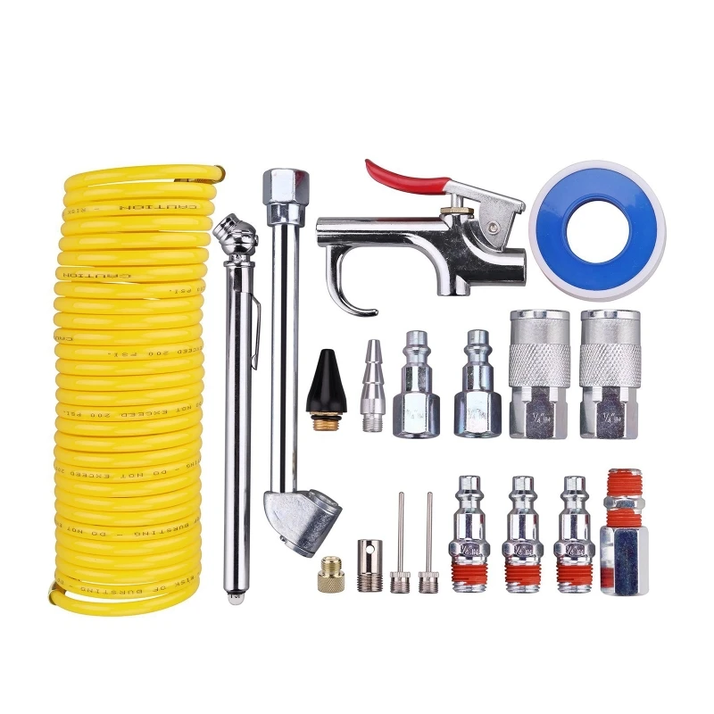 

20 Pieces Air Compressor Accessory Kit, 1/4 Inch NPT Air Tool Kit with 1/4 Inch x 25Ft Coil Nylon Hose/Tire Gauge