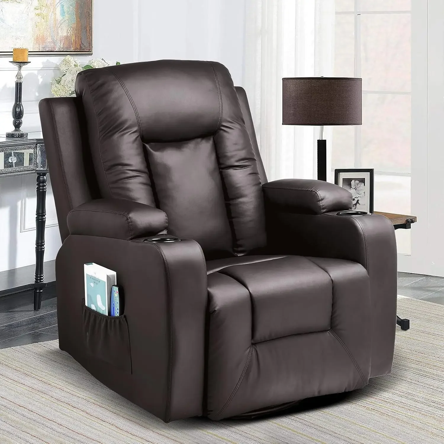 Recliner Chair, PU Rocking Chair for Adults, Swivel Recliner with Cup Holders, Heat and Massage, Single Sofa Seat with