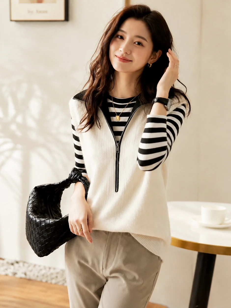 Fashionable Knitted Vest Commute Design Half Zip Color Block New Arrival Autumn Season Versatile Women's Outerwear Poetic Lin