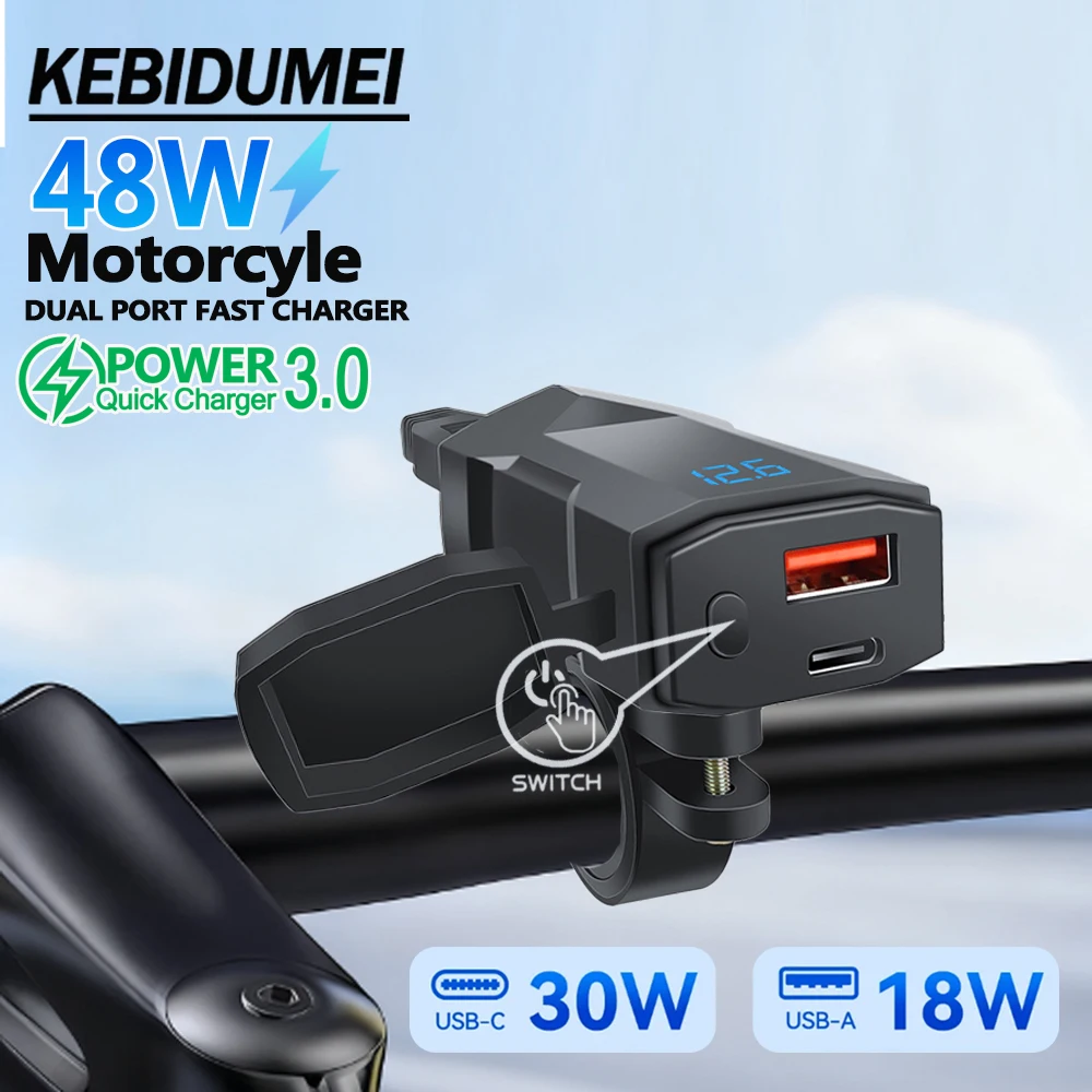 

KEBIDUMEI 48W PD+QC3.0 Motorcycle Handlebar Phone Charger Waterproof Dual Ports Fast Charging Power Adapter 2 Ways Installation