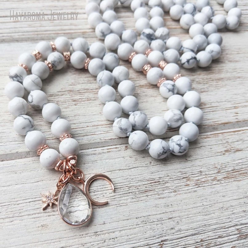 10Pcs White Turquoise Gemstone Star Moon Charm 108 Japa Mala Necklace Bead Meditation Yoga Jewelry