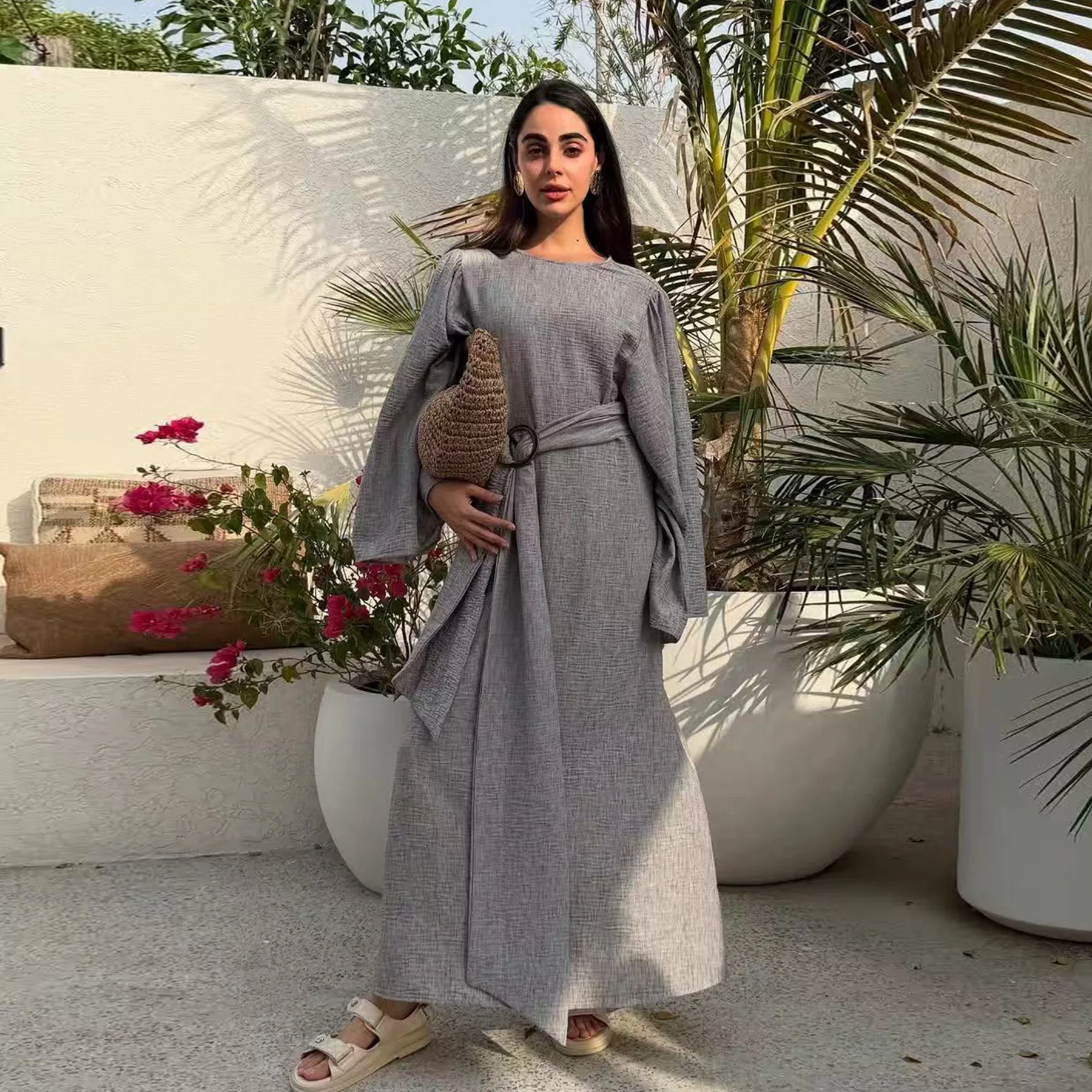

Fashion Dubai Solid Belt Long Dresses For Muslim Woman Elegant Casual Marocain Islam Saudi Plain Caftan Turkish Clothing Vestido