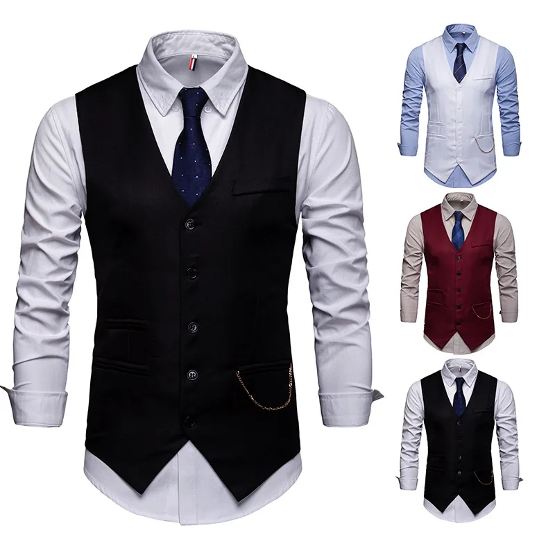 High Quality Men Suit Vest Waistcoat Chain Business Slim Groom Groomsman Wedding Men\'s Dress Blazer Vests Formal Party V05