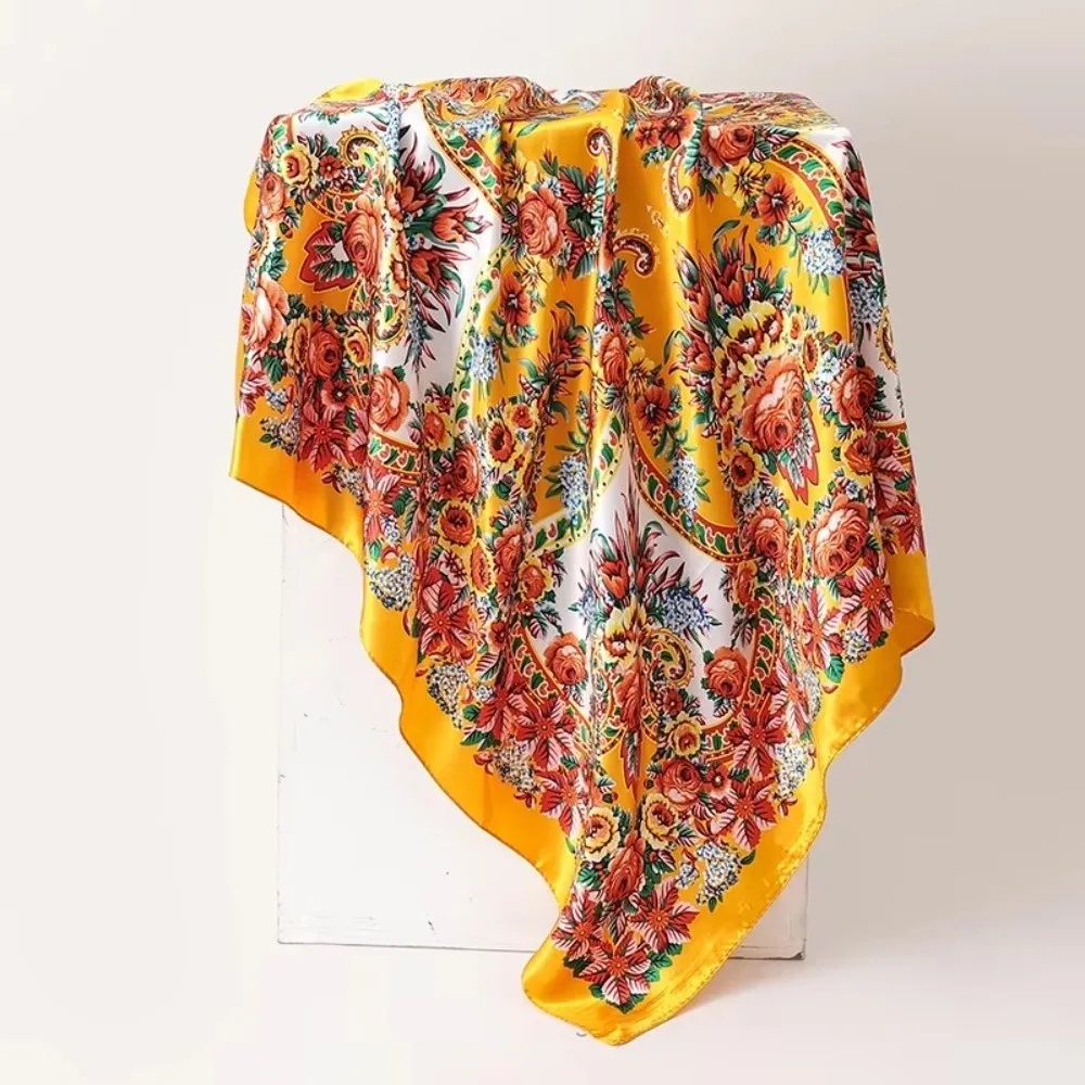90x90cm Silk Imitation Scarves Thin Breathable Floral Print Square Head Scarf Smooth Silky Feel Multi-Function