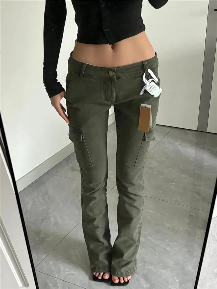 

Retro Military Green Low Waist Flared Workwear Jeans Women's Spring Autumn Tight Slimming Tall Extended Floor-Length Pants