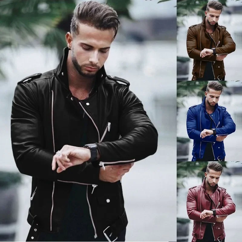 

2023 Spring and Autumn Men's Coat Fashion Slim Fit High Collar Spliced Motorcycle Leather Jacket