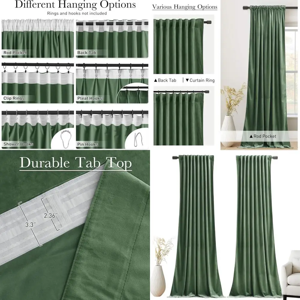 

Thermal Insulated Emerald Green Velvet Curtains, 52x108, Back Tab, 2-Panel Set for Darkening Rooms