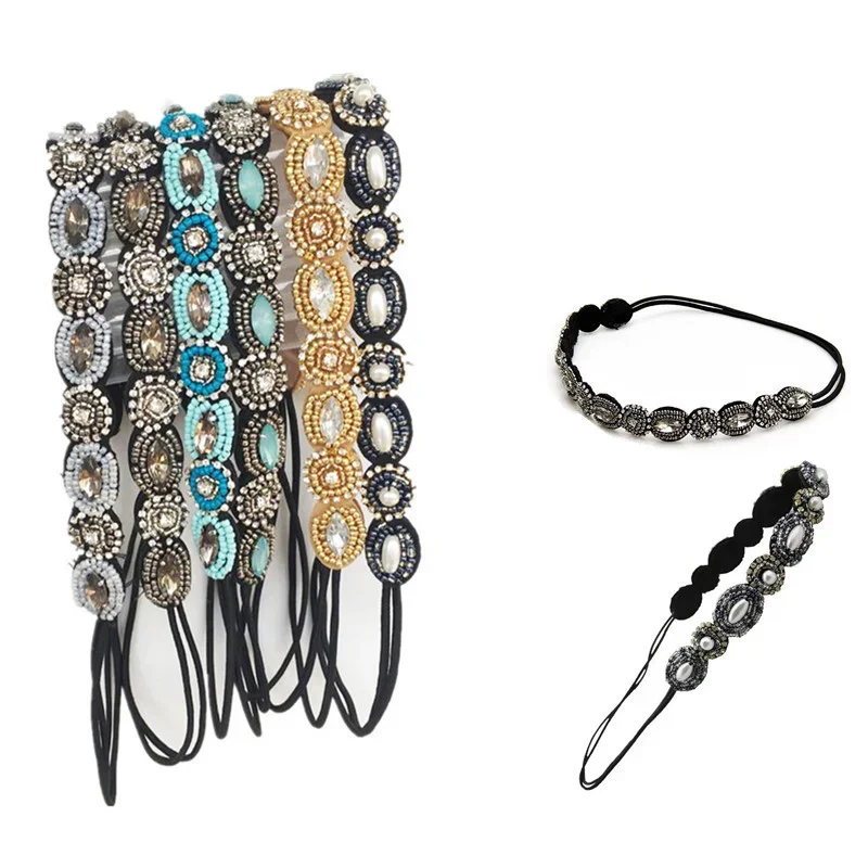 

Bohemian Rhinestone Hair Band Elastic Headbands Vintage Turquoise Beaded Tiara with Elasticity Headbands Women Headwear