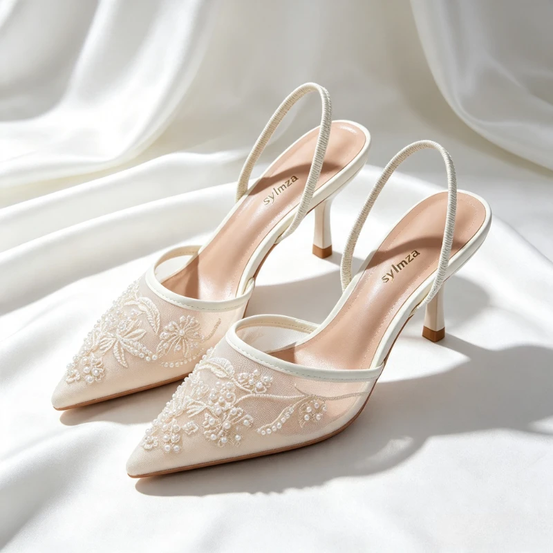 Elegant Mesh Embroidery High Heels for Women Sexy Pointed Toe String Bead Slingback Heeled Sandals Luxury Banquet Designer Shoes view 2