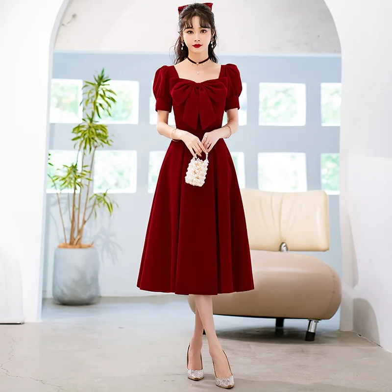 

Burgundy Sexy Bow Applique Square Collar Puff Sleeve Back Bandage A-Line Evening Dress Bride Wedding Tulle Prom Gowns Vestidos