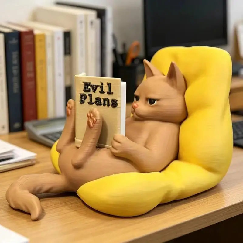 [MOA]3D Printed Reading Cat Figurine Funny Lazy Cat Pose Cat Ornaments Home Decoration Bookend Cat Statue Desk Decor[MOA]