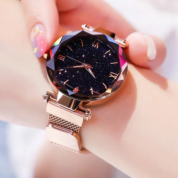 Dames Mode Sterrenhemel Horloges Magneet Gesp Gaas Riem Diamant Quartz Horloge Vrouwen Jurk Klok