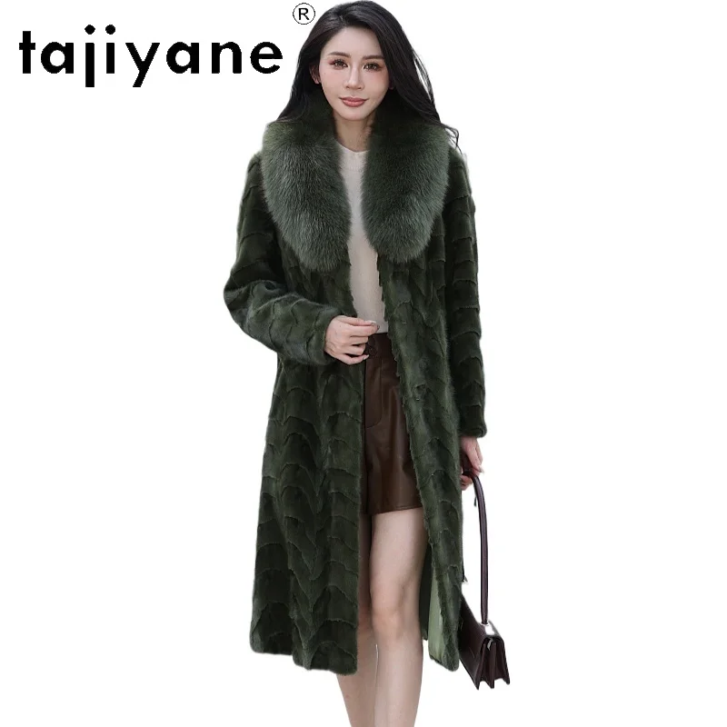 TAJIYANE 天然ミンクファージャケット レディース ロング 本物ミンクファーコート フォックスファー襟付き 冬服 女性用 2025 ミンク毛皮コート
