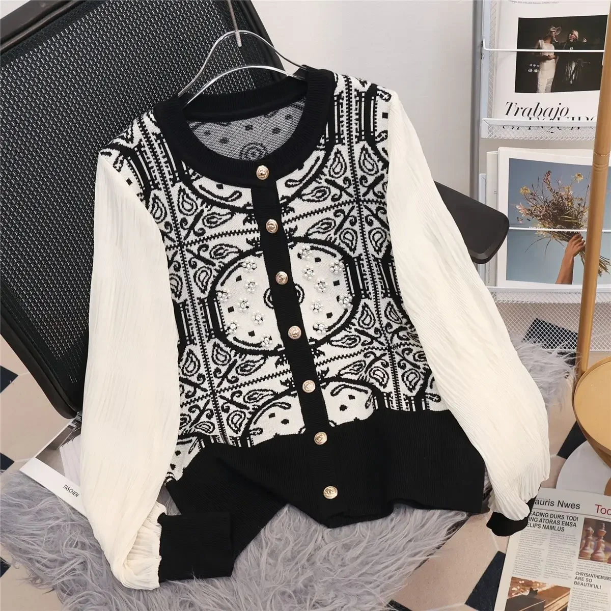 

Patchwork Vintage Diamonds Chiffon Long Sleeve Knitting Cardigan Autumn Winter Fashionable Sweet O-neck Sweater Coat Women's