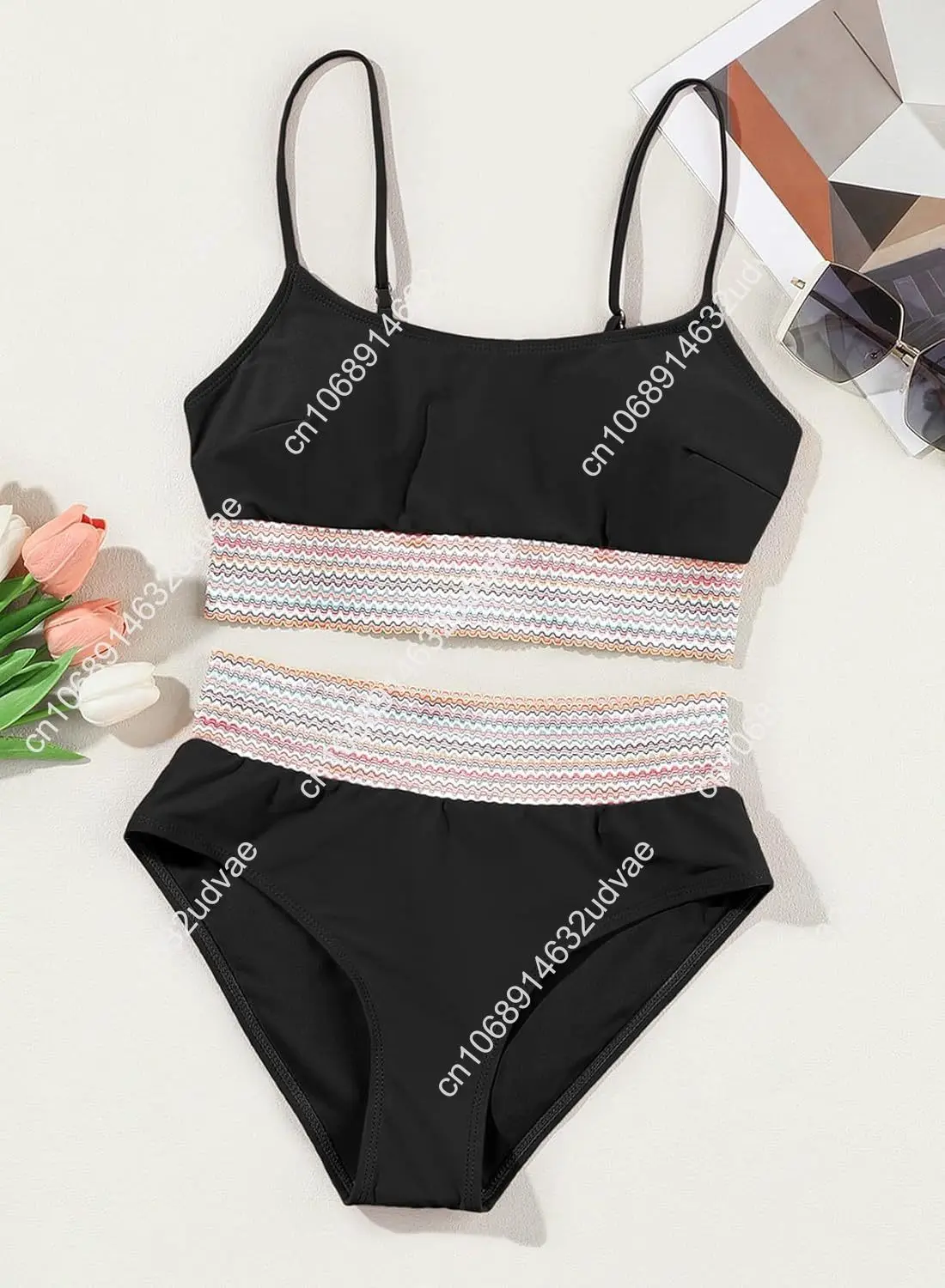 Set bikini da donna Colorblock Trim Costume da bagno 2 pezzi a vita alta con scollo rotondo e spalline regolabili