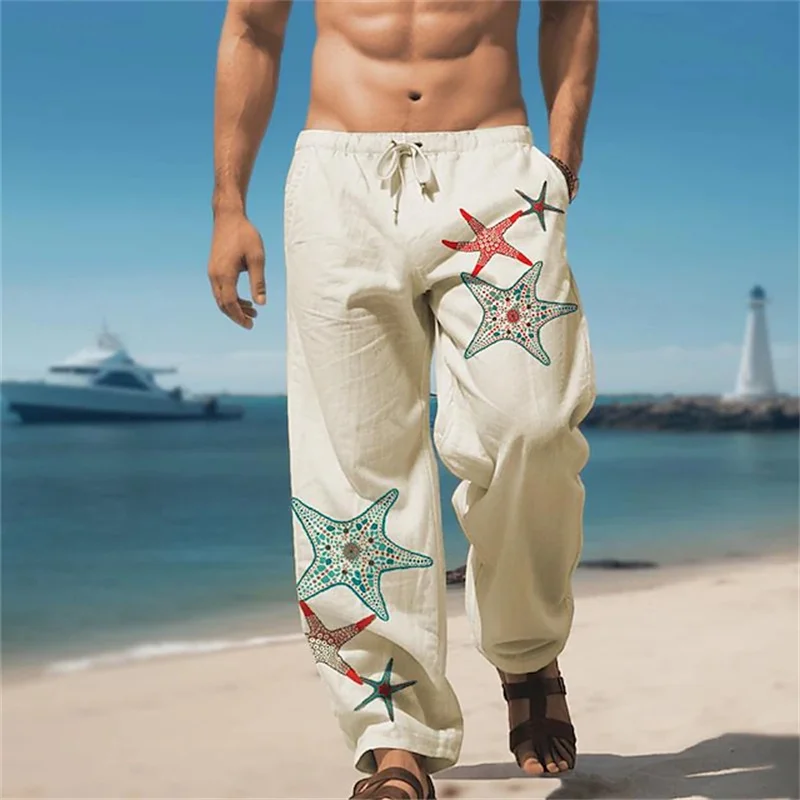 Men's Hawaiian-Style Beach Pants Casual Loose-Fitting Oversized Wide-Leg Pants Simple Starfish-Print Straight-Leg Pants
