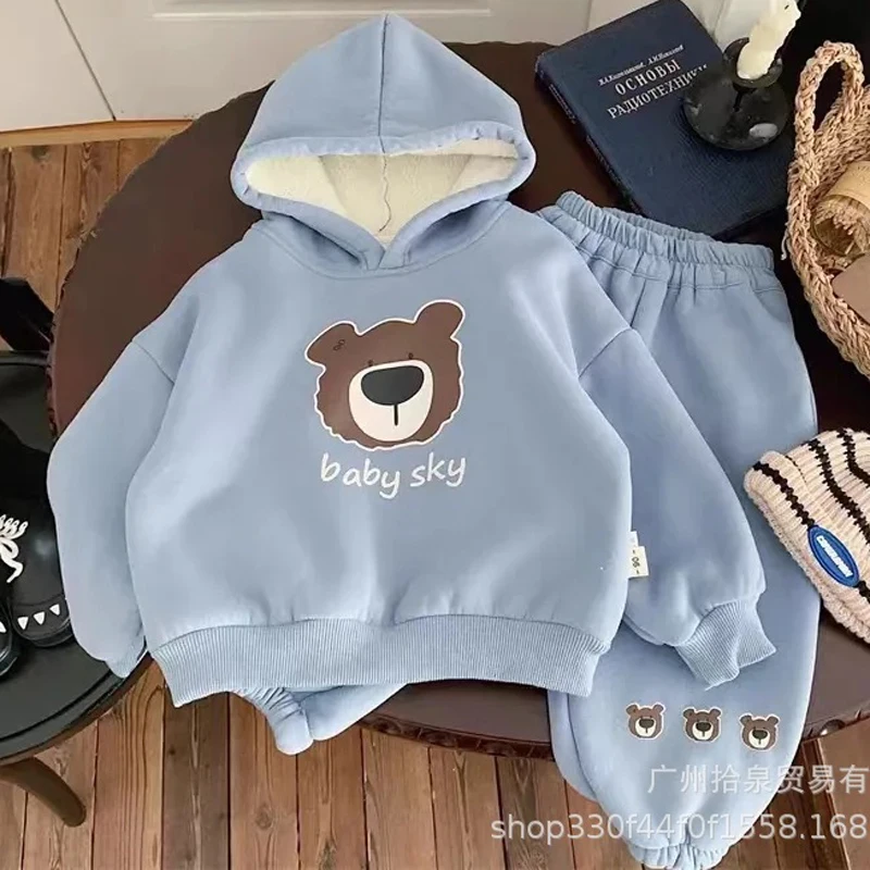 1-6Y Boys Clothing Set Autumn Winter New Cartoon Bear Print Lining Plush Thick Hoodies+Pants 2Pcs For Boys Warm Casual Suit