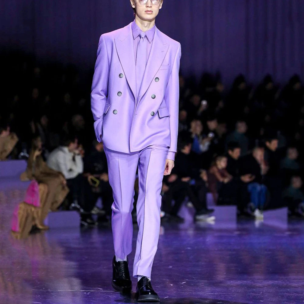 

Exquisite Purple Suits for Men Double Breasted 2 Pieces Jacket Pants Blazers Sets Peak Lapel Banquet Business Costume Homme