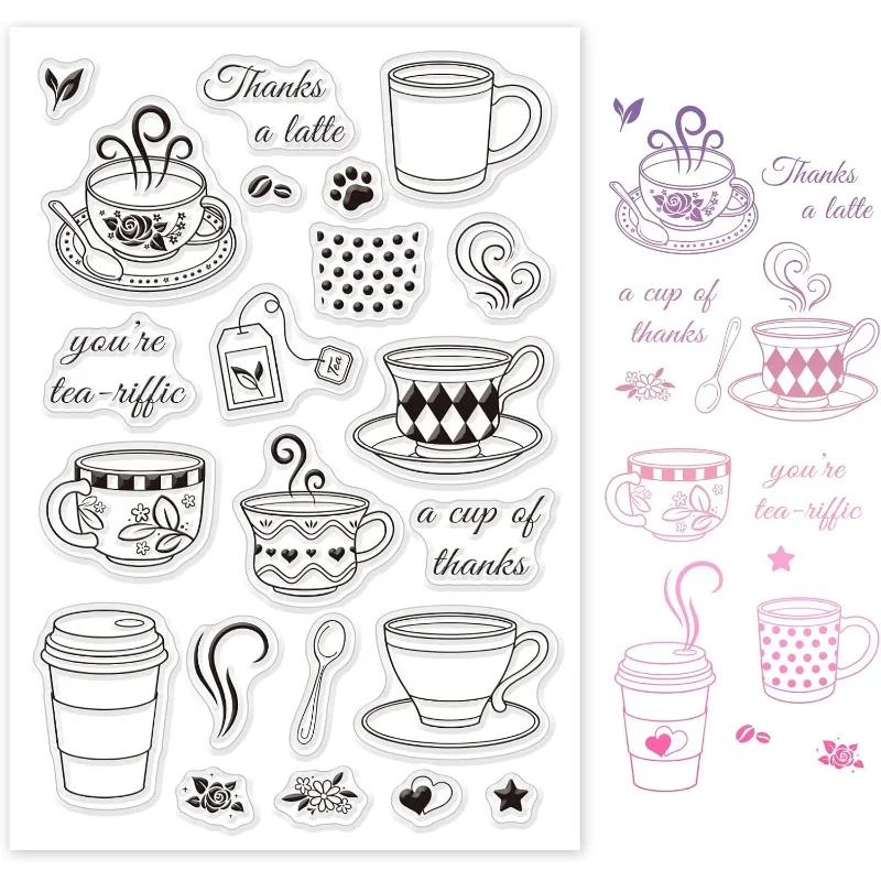 1Sheet Coffee Cup Silicone Clear Stamps with Flower and Spoon Pattern for Christmas Birthday Cards Making DIY Scrapbooking