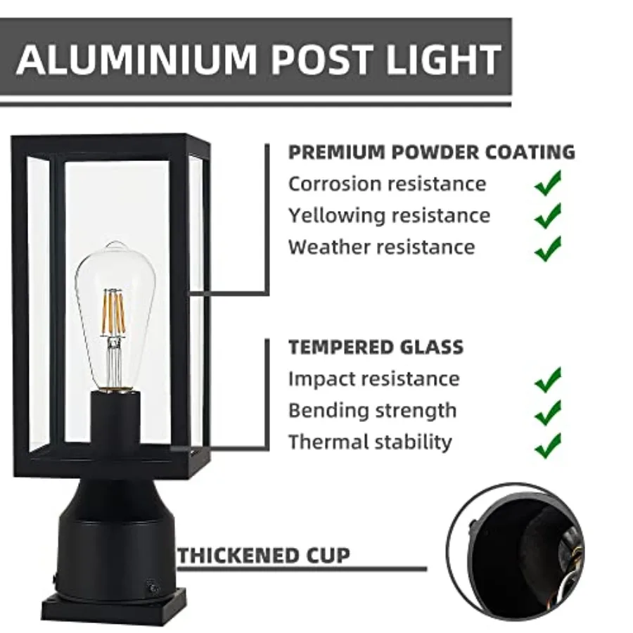 Outdoor Post Light, Waterproof Cast Aluminium Lamp Post Light Fixture, Post Lantern with Pier Mount Base, Matte Black, 13.8'',