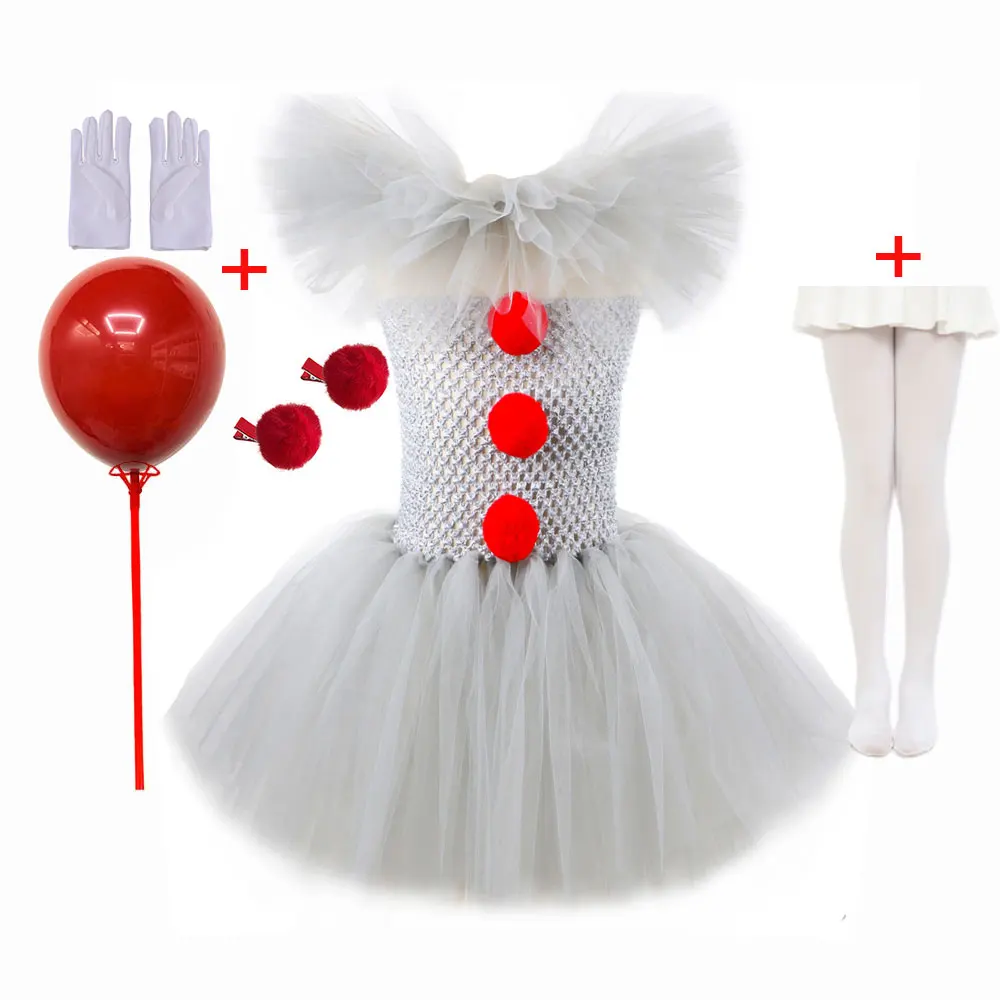 Pennywise Geïnspireerd Horrible Creature It Clown Tutu Jurk Kids Joker Cosplay Kostuum met Haarspeld Handschoenen Meisje Halloween Kleding
