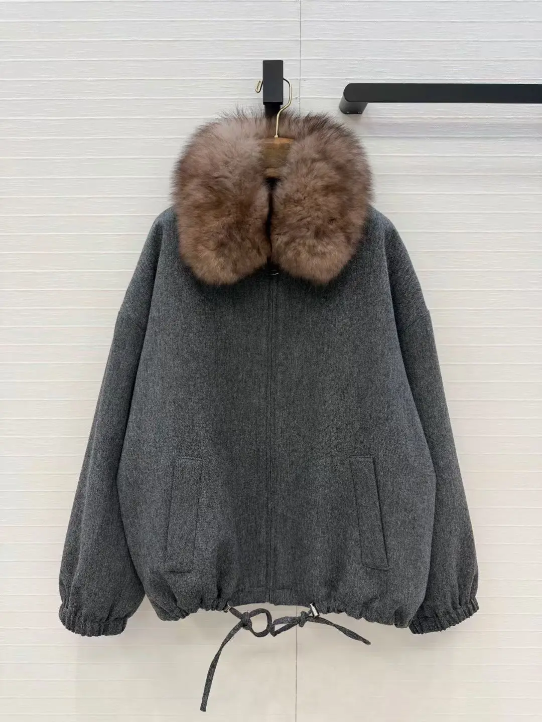Women Winter Cotton Coat with Imported Extra Large Finnish Fox Fur Collar, Detachable Fur Collar, Custom Wool Textured Fabric,