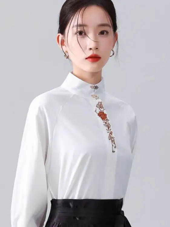 

New Chinese Sle Embroidered irt Women's Spring Autumn Stand Collar Hanfu Versatile Top Dr Ele Commute Sle