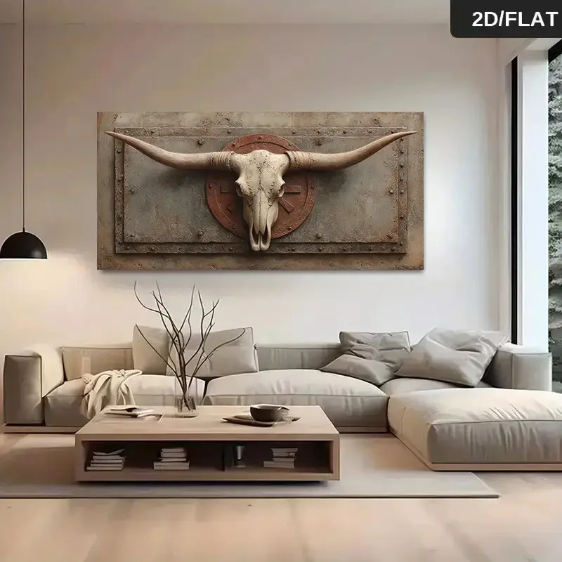 

2D/Flat Oversized Decorative Canvas Wall Art, Noframed Retro Longhorn Skull Wall Art Prints for The Living Room, Cabins Decor