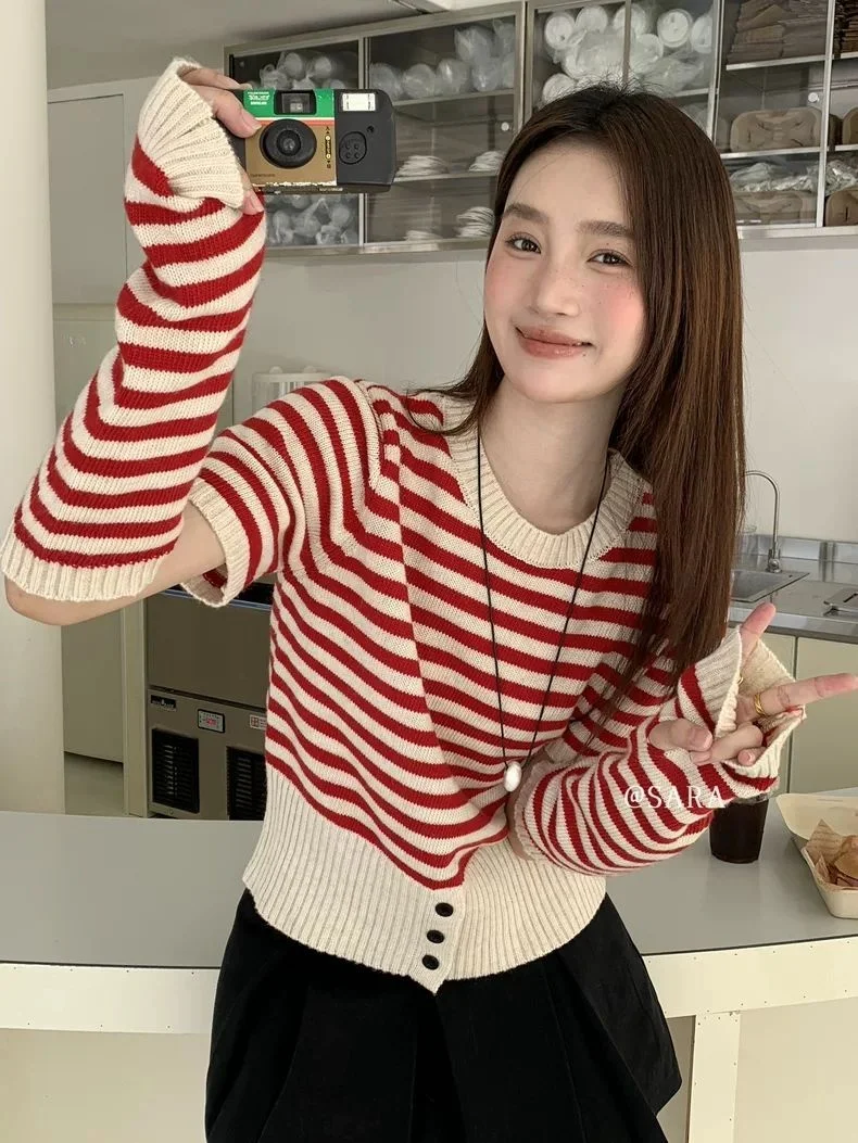 انفصال كم محبوك سترة المرأة المحاصيل متماسكة الخريف Argyle مزدوجة الصدر التلابيب الخامس الرقبة شيك اجتماع الأعمال جميلة #1