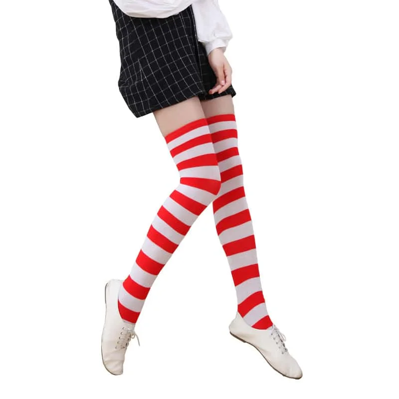 Women Thigh Knee High Socks Rainbow Striped Stockings