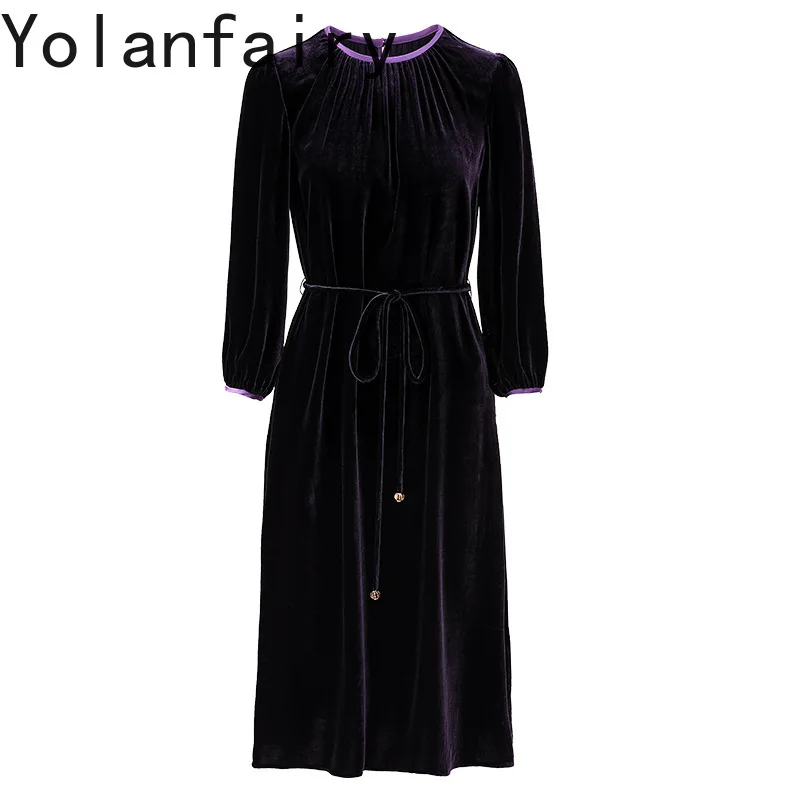

YOLANFAIRY High-end Mulberry Silk Velvet Dresses 2025 Woman Autumn Elegant Red Dress Lace-up Fashion Ladies Dresses with Pocket
