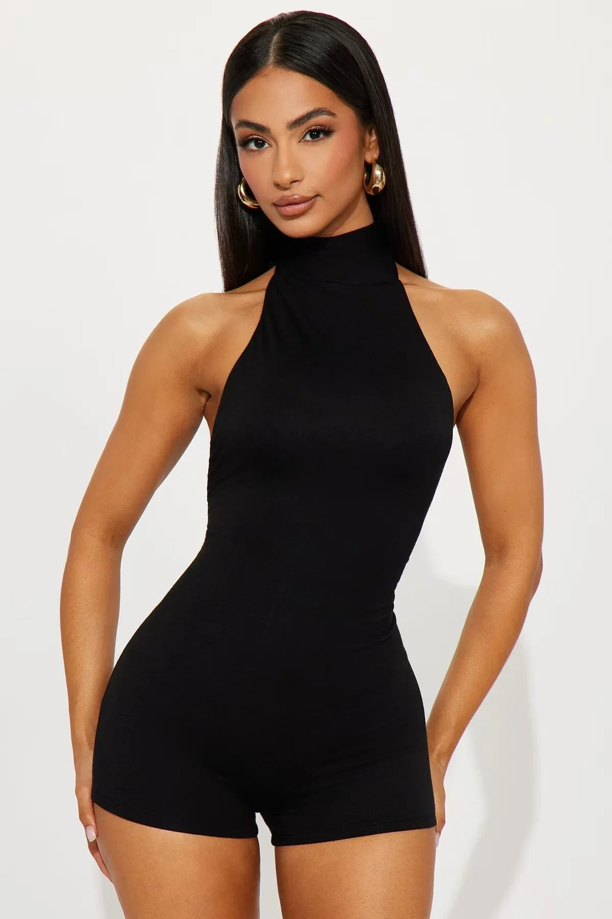 2026 Neu eingetroffen: Ärmelloser High-Neck Halter-Romper für Damen mit Rückenausschnitt, figurbetonter kurzer Overall für Abendveranstaltungen und Partys – Detail 3