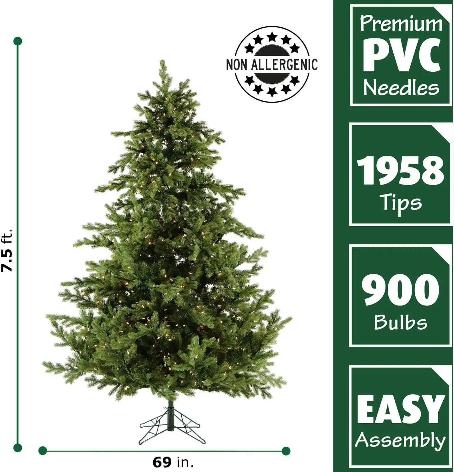 7.5-Ft.Christmas Tree with White Incandescent Smart Lights and Stand, Prelit Foldable Fake Tree with Realistic Foliage