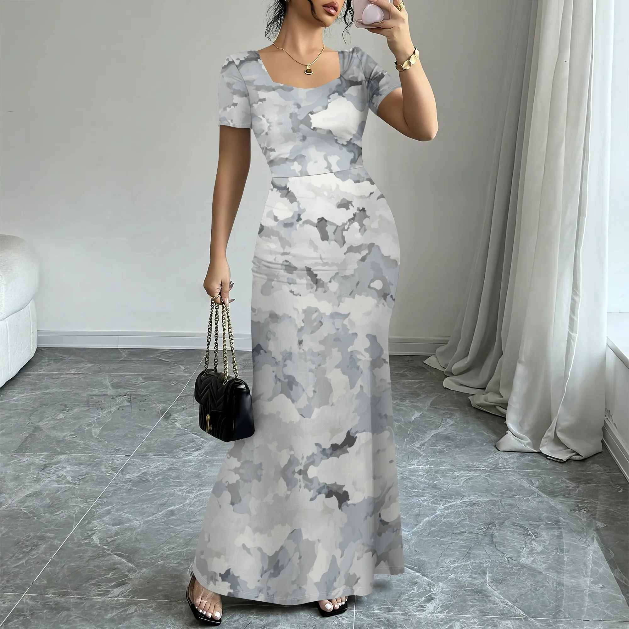 

Gray Abstract Print Bodycon Maxi Dress XS-3XL Short Sleeve Slim Fit for Art Exhibition, Elegant Dinner or Casual Streetwear