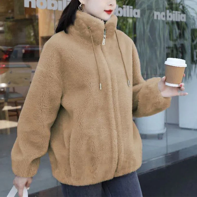 Casaco de pele sintética com gola alta para mulheres, jaqueta cardigã casual, grossa e quente, veludo de dois lados, roupa que combina com tudo, moda feminina, inverno, 2022