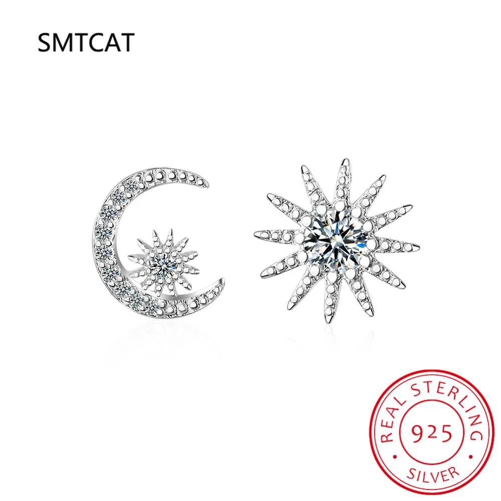 Real 925 Sterling Silver Zircon Moon Star Stud 14K Gold Earrings For Women Asymmetry Cute Fine Jewelry Drop shipping view 3