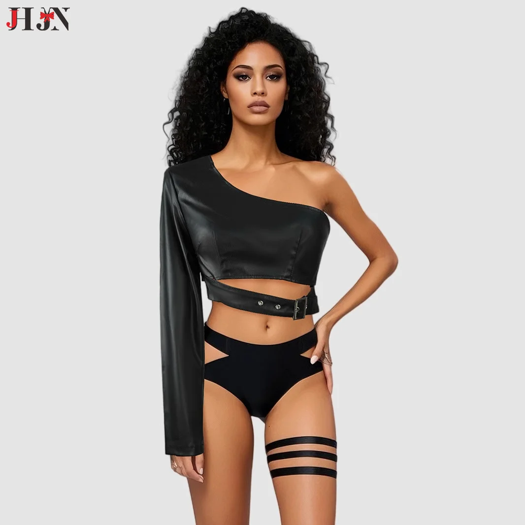Women Black One Shoulder PU Leather Jacket Collarless Slim Fit Irregular Short Coat Stylish Streetwear Rock Dance Party Outwear