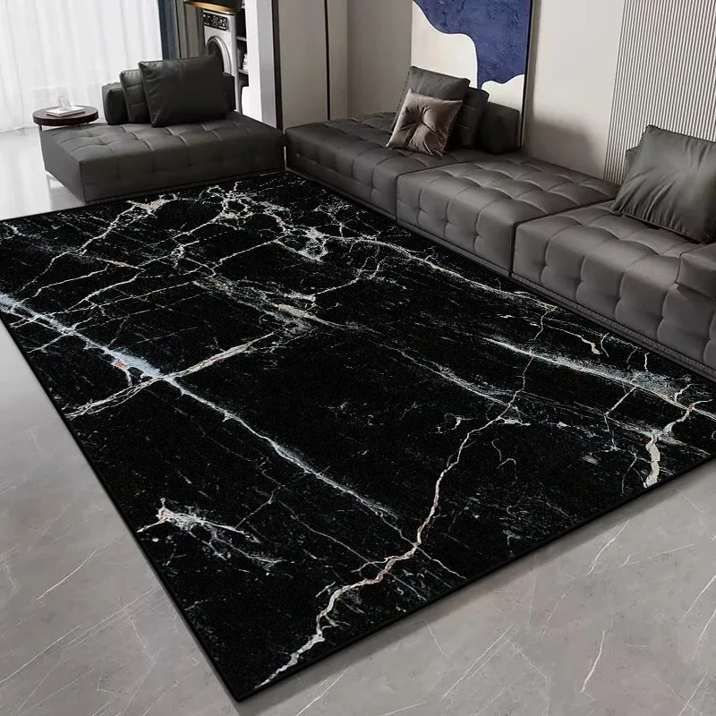 Marble Abstract Style Big Size Living Room Rug Non-slip Easy Clean Entrance Black Mat Soft Foldable Office Lounge Decor Carpet