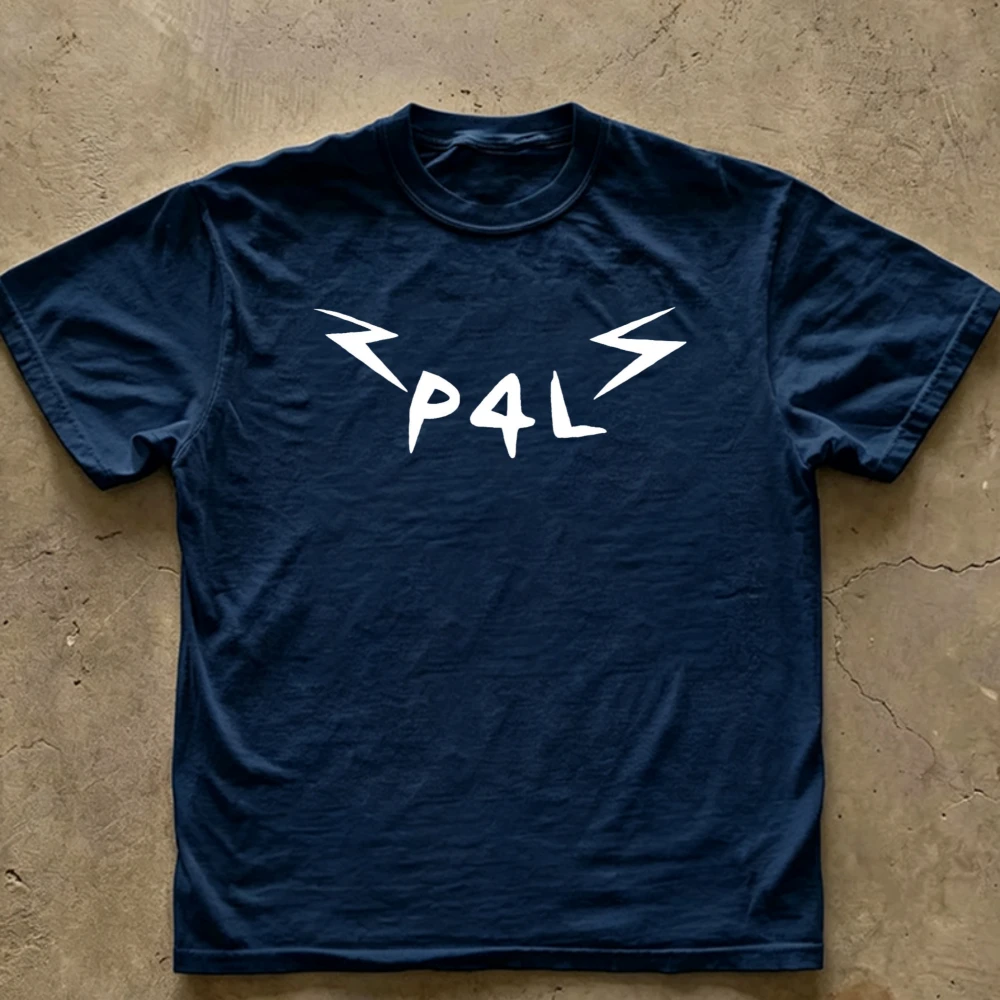 P4L Lightning Bolt Text Graphic T‑Shirt Casual Cotton Bold White Letter Print Simple Stylish Slogan Design Percy Fan Merch Tops