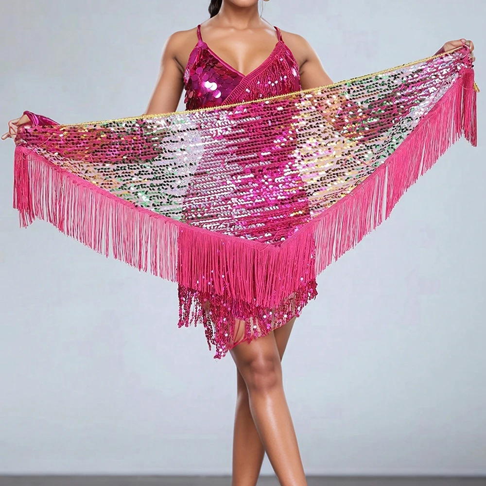 Women's Sequins Belly Dance Hip Scarf with Tassels & Gradient Triangle Lace-Up Skirt view 4