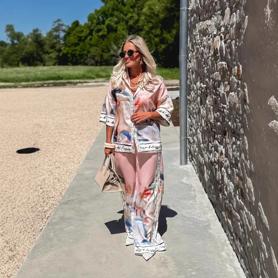 Autumn New Half-sleeved Printed Shirt Trousers For Women 2-piece Set Loose Simple Casual Elegant Female Streetwear Trousers Suit image 2