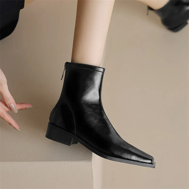 2023 New Autumn Winter Split Leather Women Boots Square Toe Short Boots for Women Chunky Heels Boots Zapatos De Mujer Female