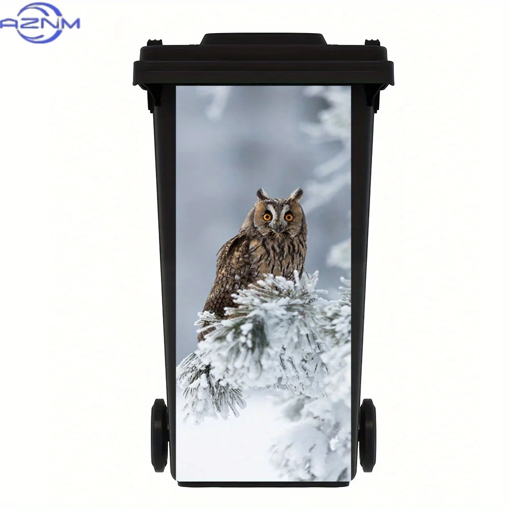 1pc of Snowy Cedar Forest And Long-Eared Owl Trash Can Sticker - Waterproof PVC Wall Decoration for Nature-Themed Home And Liv
