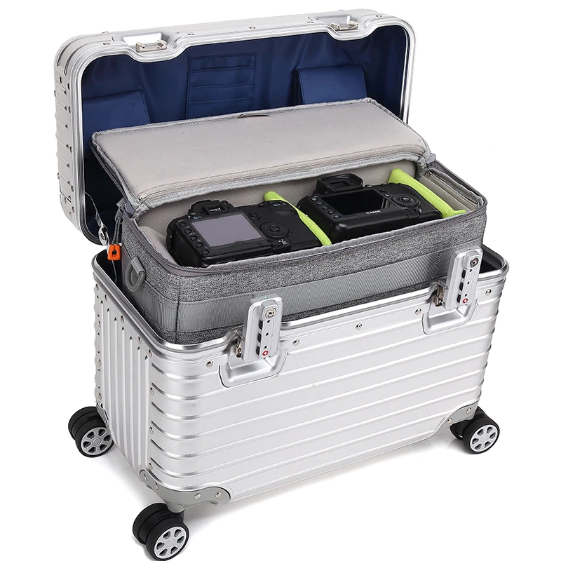 Professionelle, stoßfeste, gepolsterte Kamera-Innentasche mit großer Kapazität, doppelte Öffnung, DSLR, dicke Tragetasche für 20-Zoll-Trolley – Detail 12