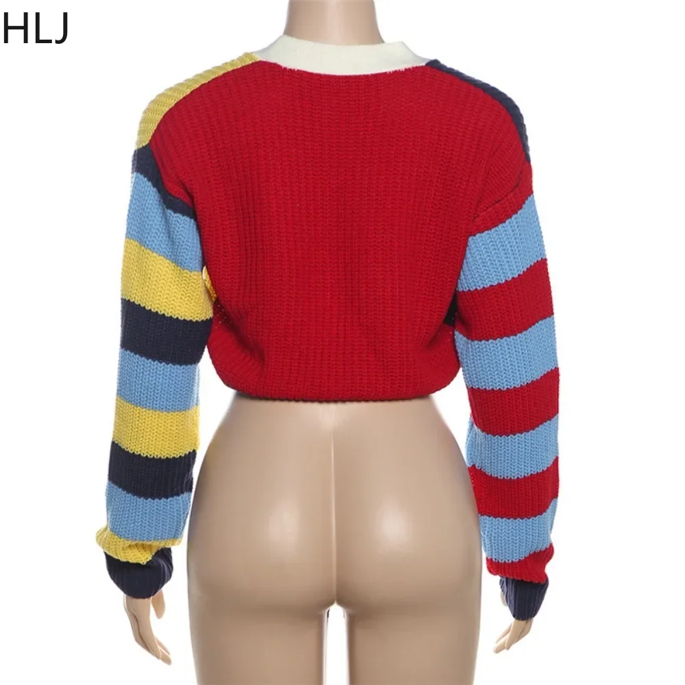 HLJ Fashion Multicolor Patchwork Knitting Two Piece Sets Women V Neck Button Long Sleeve Crop Top And Mini Pleated Skirts Outfit