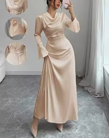 Women's Champagne Satin Maxi Dress Cowl Neck Flare Long Sleeve Ruched Waist Elegant Spring Summer Wedding Guest Evening Dress